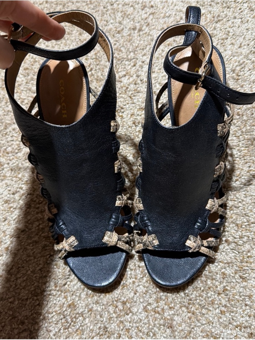Coach Black Leather Open-Toe Heels with Natural Trim